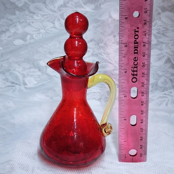 Vintage Blenko Amberina Crackle Glass Cruet Pitcher Bubble Stopper Red To Yellow - Picture 12 of 13